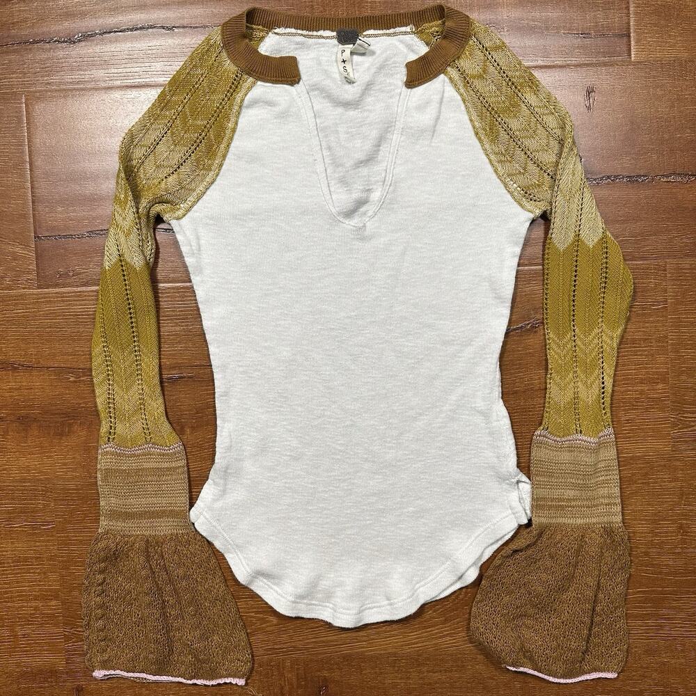 We The Free Baseball T Shirt Womens S White Knit Crochet Bell Sleeves Retro Boho